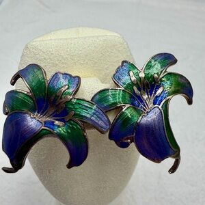 Vintage Cloisonné Blue Lily pierced earrings